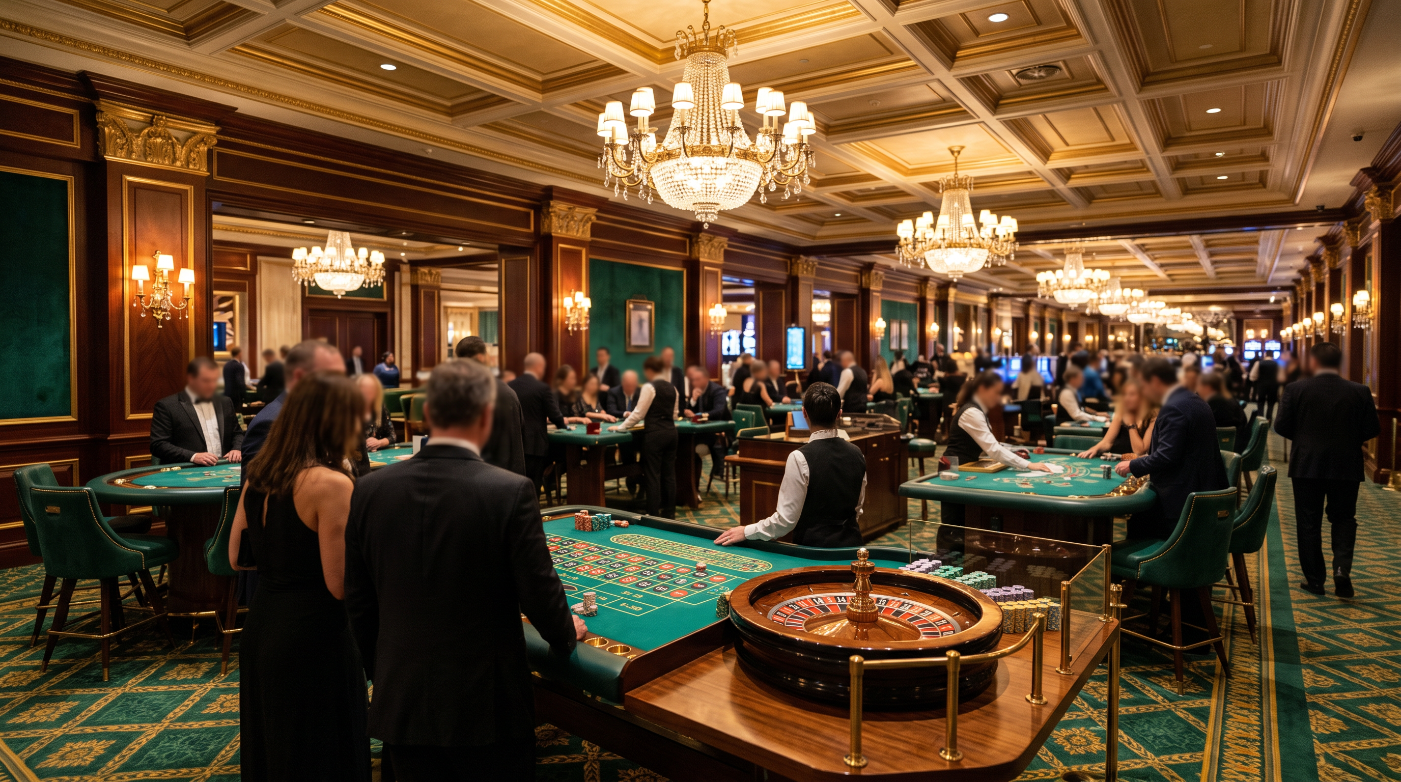 Elegant casino lounge gaming floor with table games and warm lighting