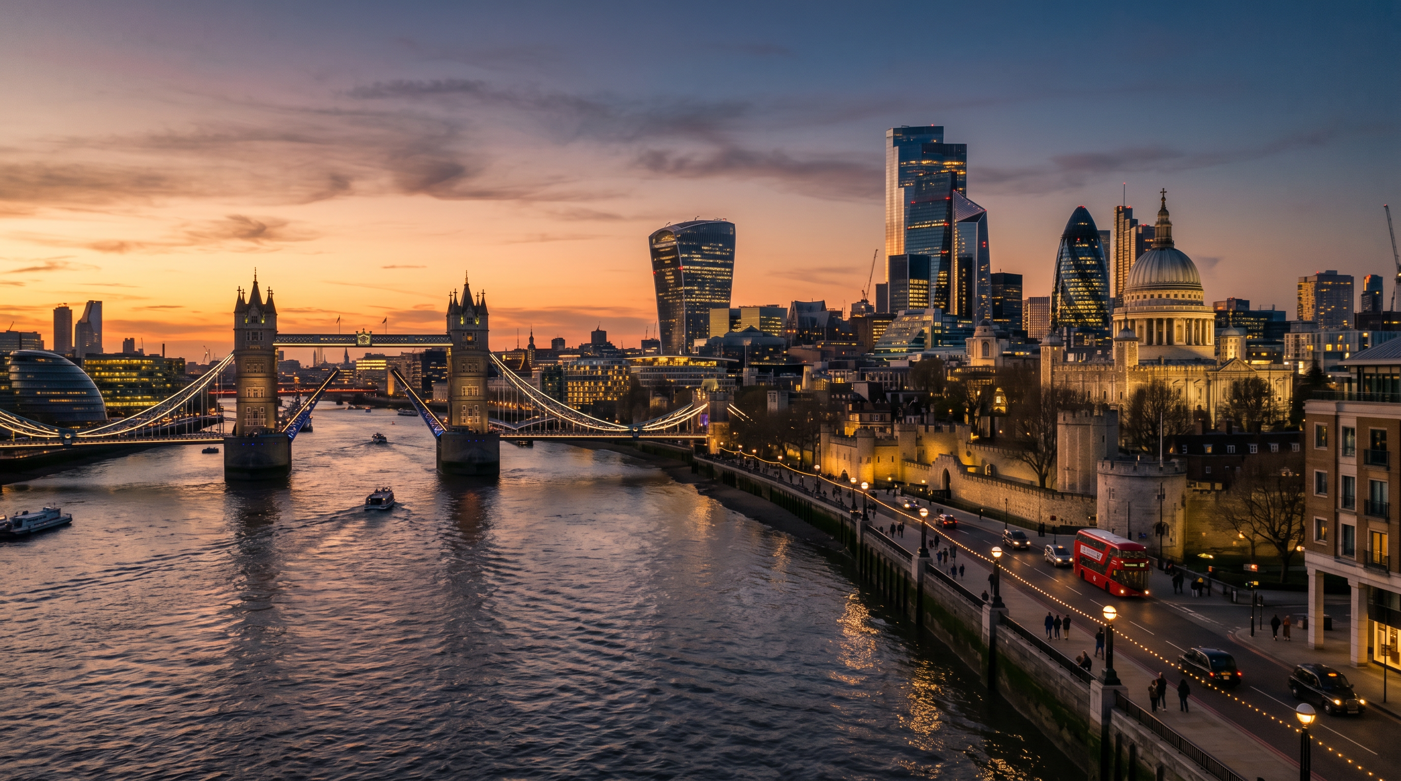 London skyline near the river at dusk close to the hotel