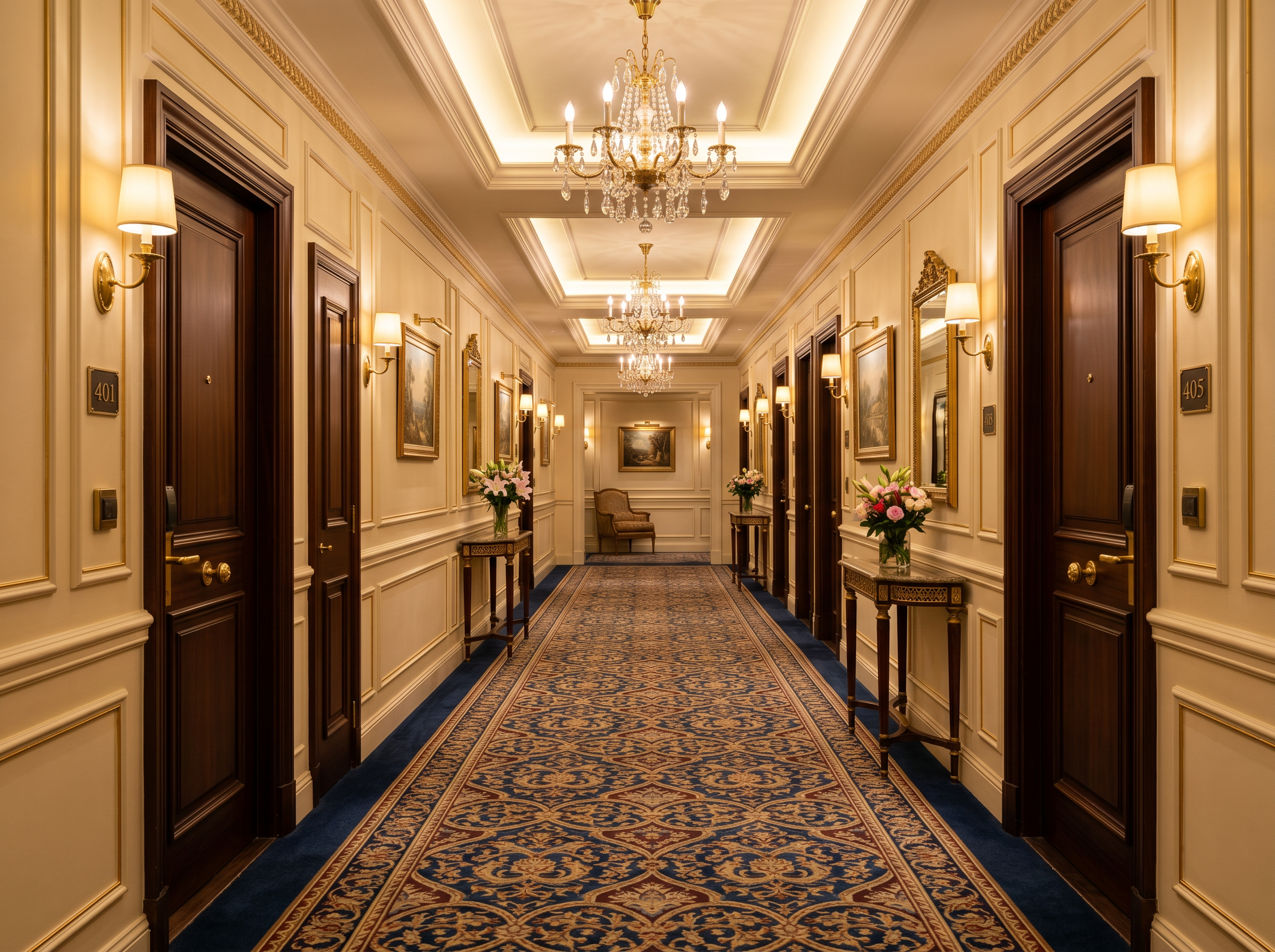 Hotel corridor with warm lighting