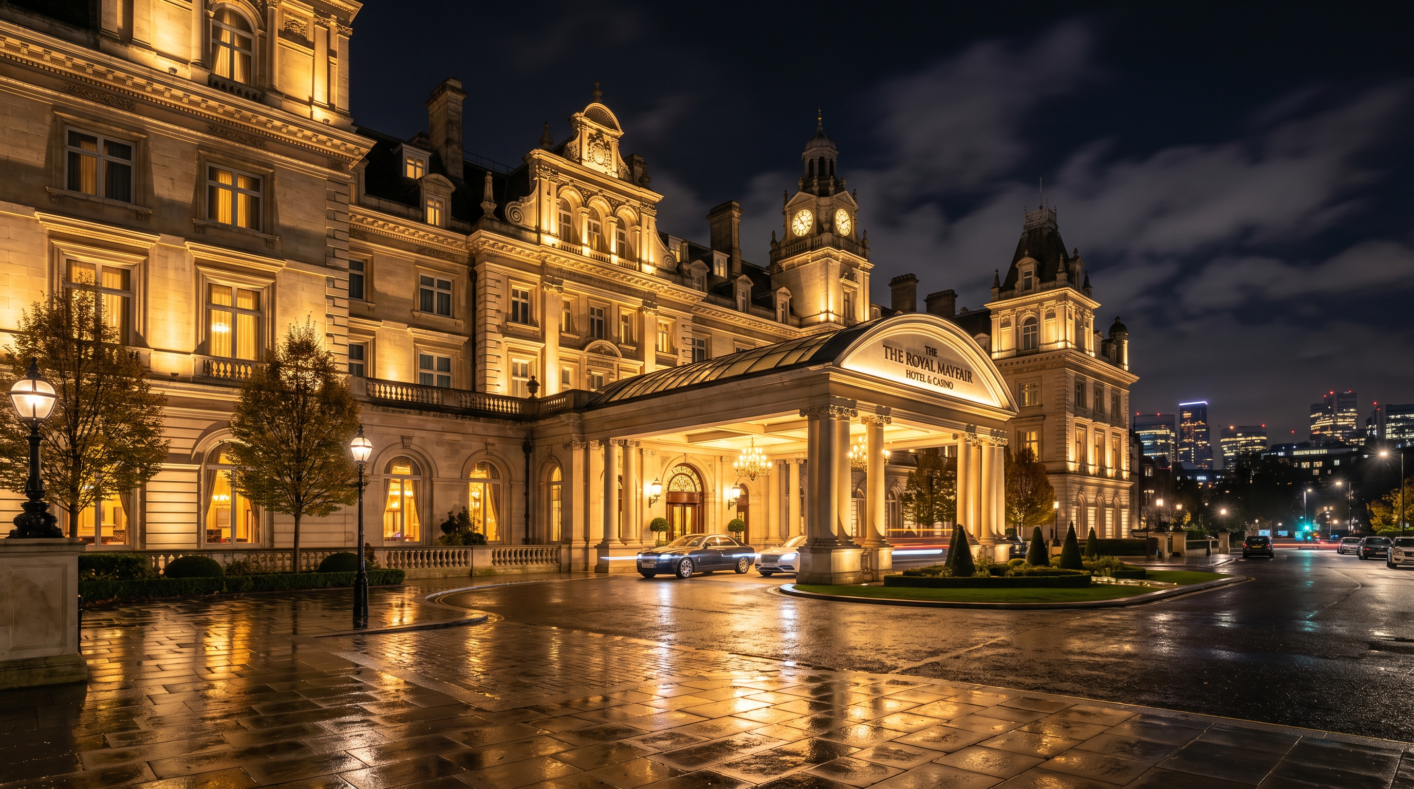 Hotel exterior illuminated at night
