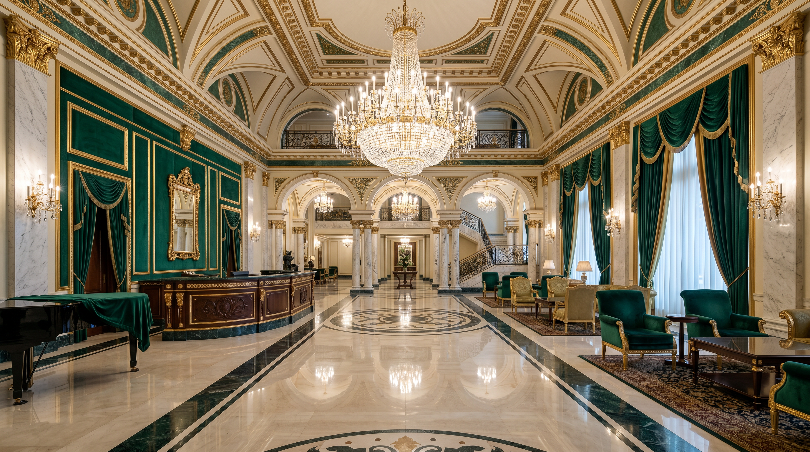 Grand lobby interior of TopRankingsUK hotel with marble floors and chandelier