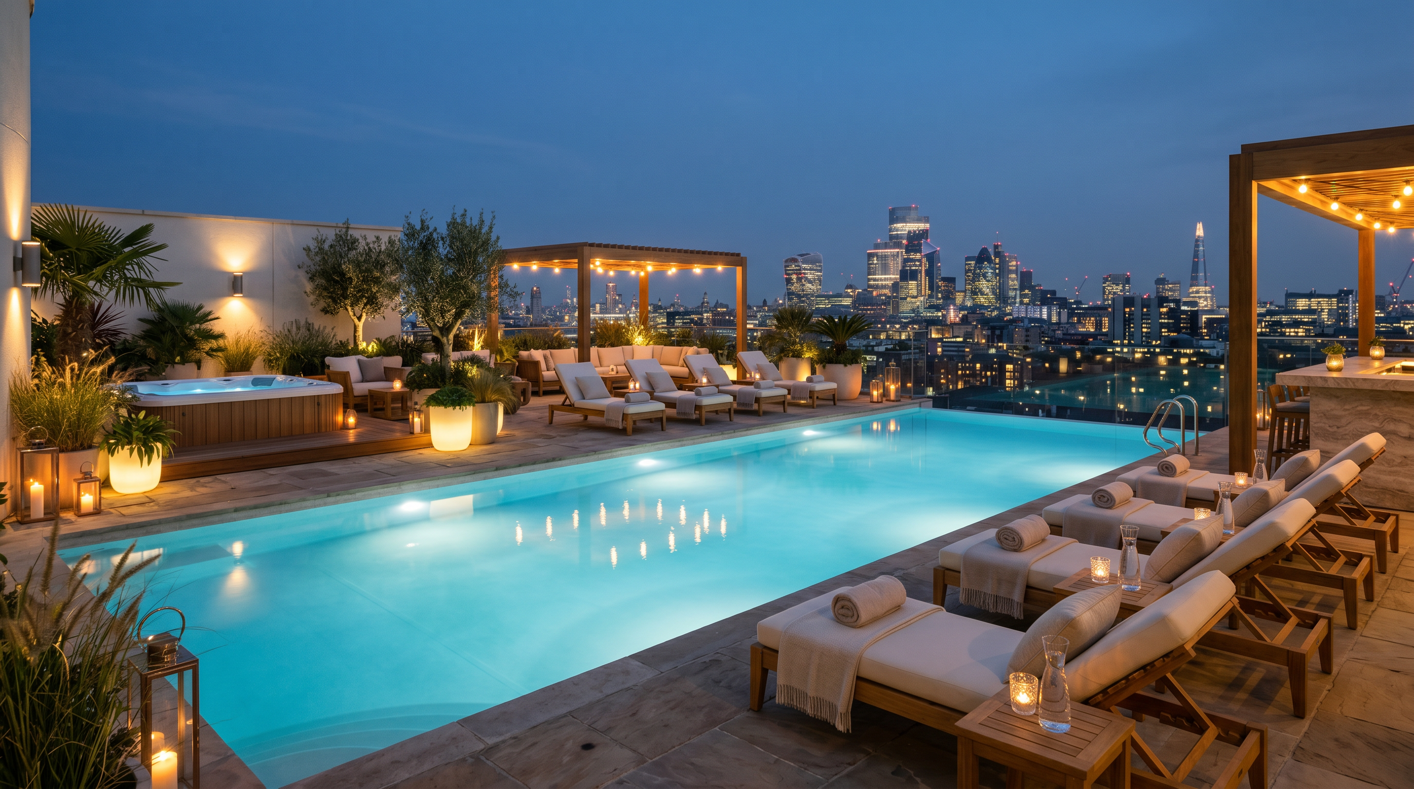 Rooftop terrace and pool area of the hotel in the evening